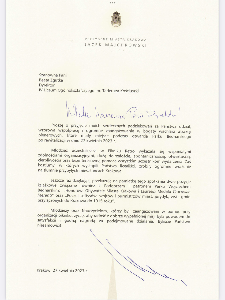 List Prezydenta Krakowa
